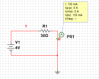 I: 133 mA (p-p): 0 A I(rms): 0A I(dc): 133 mA I(freq R1 300 PR1 V1 4V