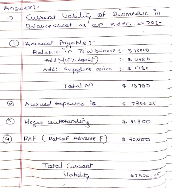 Answerit Current liability of Biomedic in Balance swet as on sideco. 20208- Account Payable : Balance in Trial balance of $ 1
