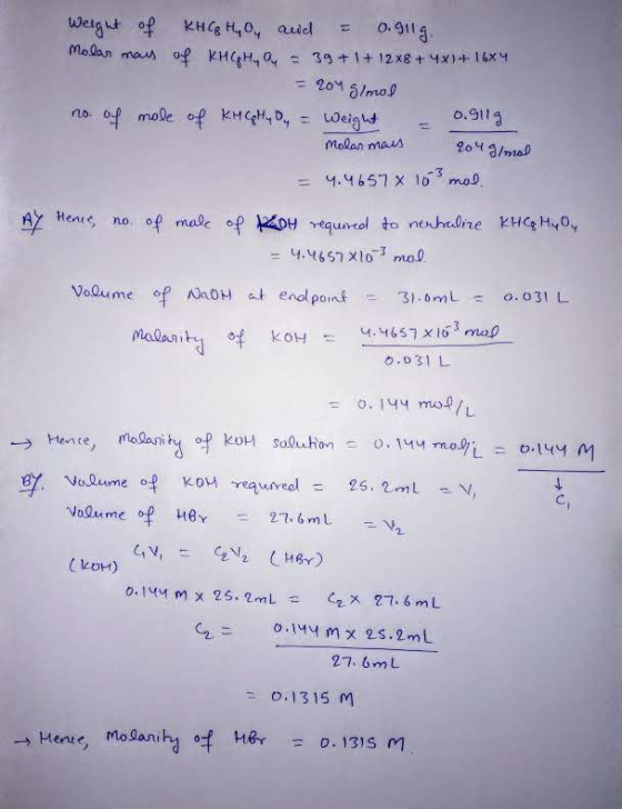 Weigut of Molan maus af KHH, O, 0.4114 KHCg H,0y auied 39 + 1+ 12X8 + Mx)+ 16x 201 8/mo 0.9113 fmole of KHH,D,= Weight no. mo
