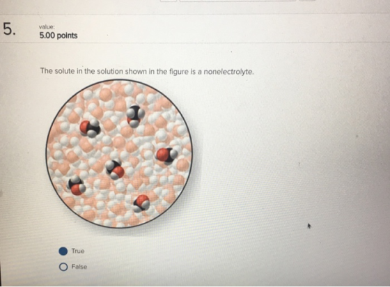 value 5.00 points The solute in the solution shown in the figure is a nonelectrolyte. True O False