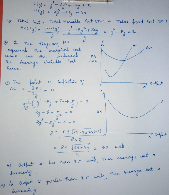 cost (TFC) cly)- y - sye +30y + 5. Mcy) 2 37 - (by + 30. Car Total cost = Tatal variable Cost (TV) + Total fixed - Aucly) - T