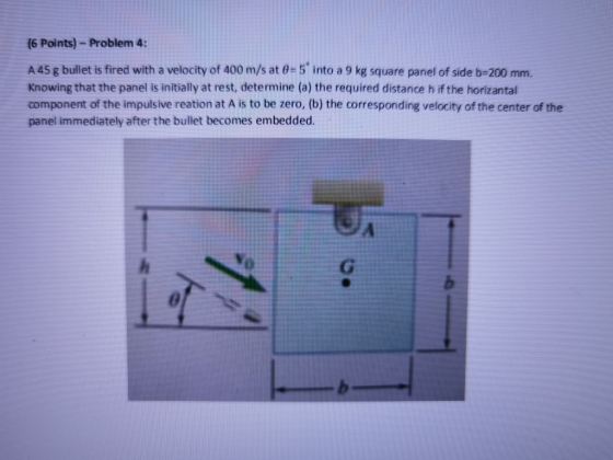 (6 Points) - Problem 4: A 45 g bullet is fired with a velocity of 400 m/s at 0=5° into a 9 kg square panel of side b=200 mm.