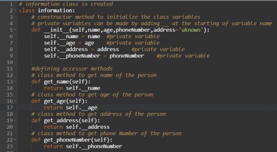 EDO OU AWN 1 # information class is created 2. class information: # constructor method to initialize the class variables # pr