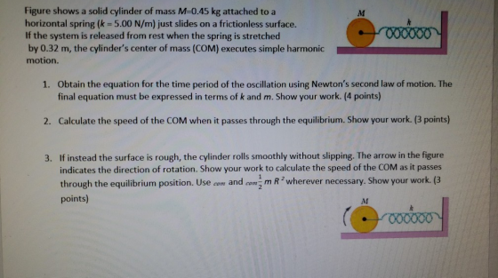 Figure shows a solid cylinder of mass M=0.45 kg attached to a horizontal spring (k = 5.00 N/m) just slides on a frictionless