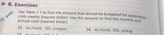 even B. Exercises Use Table 7.1 to find the amount that should be budgeted for automob costs weekly (nearest dollar). Use thi