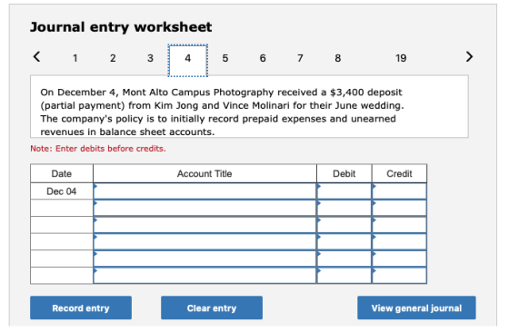 Journal entry worksheet < 1 2 3 4 5 6 7 8 19 On December 4, Mont Alto Campus Photography received a $3,400 deposit (partial p