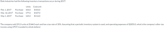 Dole Industries had the following inventory transactions occur during 2017: Feb. 1, 2017 Mar. 14, 2017 May 1, 2017 Purchase P