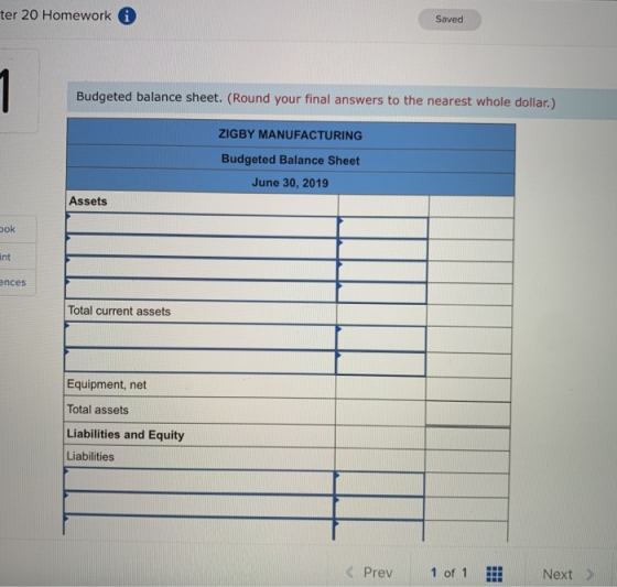 er 20 Homework A Saved Budgeted balance sheet. (Round your final answers to the nearest whole dollar.) ZIGBY MANUFACTURING Bu