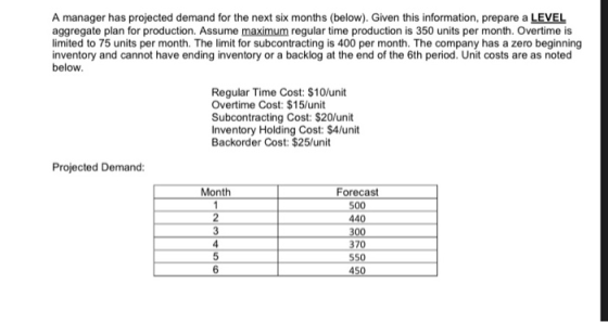 A manager has projected demand for the next six months (below). Given this information, prepare a LEVEL aggregate plan for pr