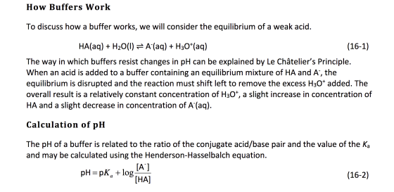 How Buffers Work To discuss how a buffer works, we will consider the equilibrium of a weak acid. HA(aq) + H2O(I) = A (aq) + H