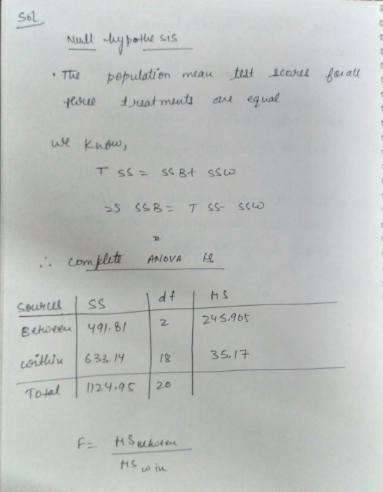 Sol Null thy bothesis The population mean test scares Hove treatments are equal for all we know, T SS = SS Bt sso S SSB= TSS-