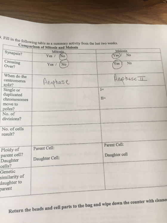 . Fill in the following table ollowing table as a summary activity from the last two weeks. comparison of Mitosis and Meiosis