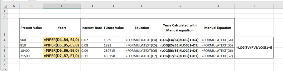ДА В D E Present Value Years Interest Rate Future Value Equation Years Calculated with Manual equation Manual Equation 560 81