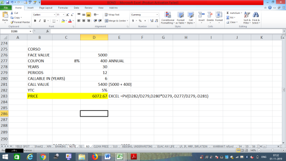 BOND - Microsoft Excel (Product Activation Failed) Add-Ins File Home Insert Page Layout Formulas Data Review View - 2x % Cut