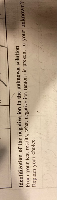 Identification of the negative ion in the unknown solution From your test results, what negative ion (anion) is present in yo