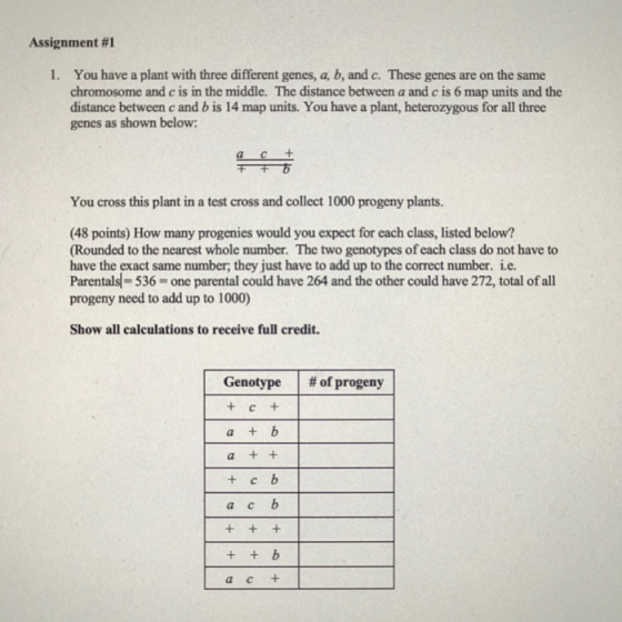 Assignment #1 1. You have a plant with three different genes, a, b, and c. These genes are on the same chromosome and c is in