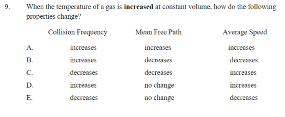 9. When the temperature of a gas is increased at constant volume, how do the following properties change? Collision Frequency