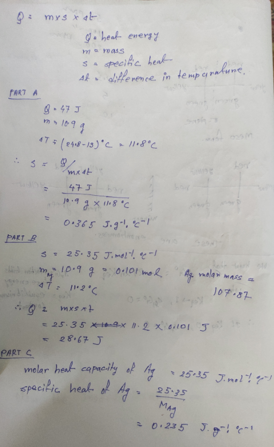 & masxat go heat energy mamass se specific heal Ad a difference in temperature, PART A 8 - 47J ma 10.99 17(2418-13)°C 11.8°C