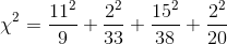 \chi^2 = \frac{11^2}{9} + \frac{2^2}{33} + \frac{15^2}{38} + \frac{2^2}{20}