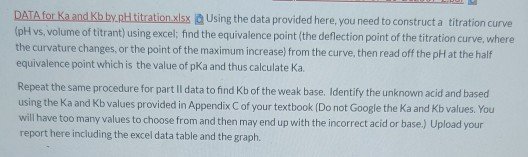 DATA for Ka and Kbb.H titration.xlsx Using the data provided here, you need to construct a titration curve (pH vs, volume of