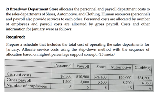 2) Broadway Department Store allocates the personnel and payroll department costs to the sales departments of Shoes, Automoti