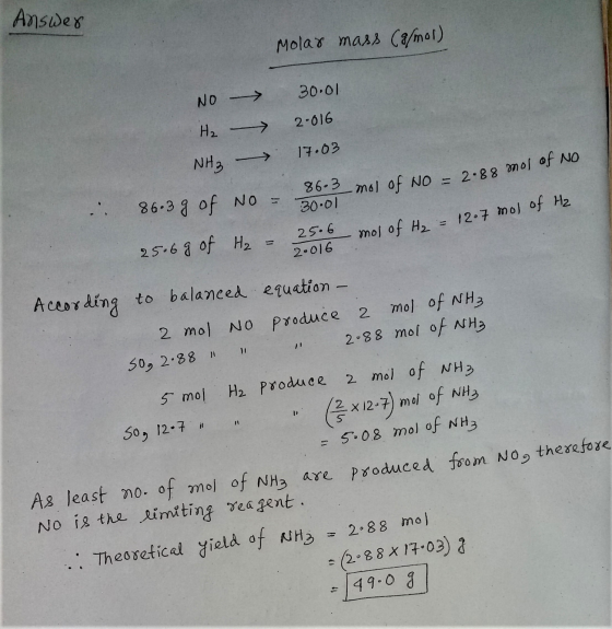 Answer Molar mass (9/mol) 30.01 No H₂ - NH3 - 2.016 17.03 86-3 mol of NO = 2.88 mol 86-3 g of NO = 30.01 25.6 . - mol of H₂ =