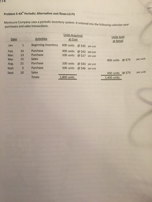 114 Problem 5-4A Periodic: Alternative cost flows LOP3 Montoure Company uses a periodic inventory system. It entered into the