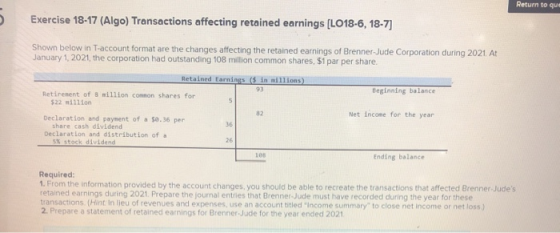 Return to que Exercise 18-17 (Algo) Transactions affecting retained earnings (L018-6, 18-7] 93 Shown below in T-account forma
