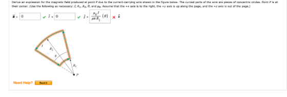 Derive an expression for the magnetic field produced at point P due to the current-carrying wire shown in the figure below. T