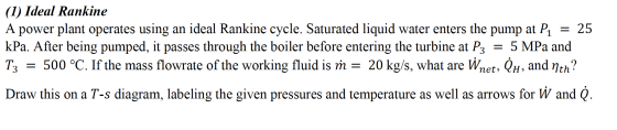(1) Ideal Rankine A power plant operates using an ideal Rankine cycle. Saturated liquid water enters the pump at P1 = 25 kPa.