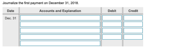 Journalize the first payment on December 31, 2018. Date Accounts and Explanation Debit Credit Dec. 31
