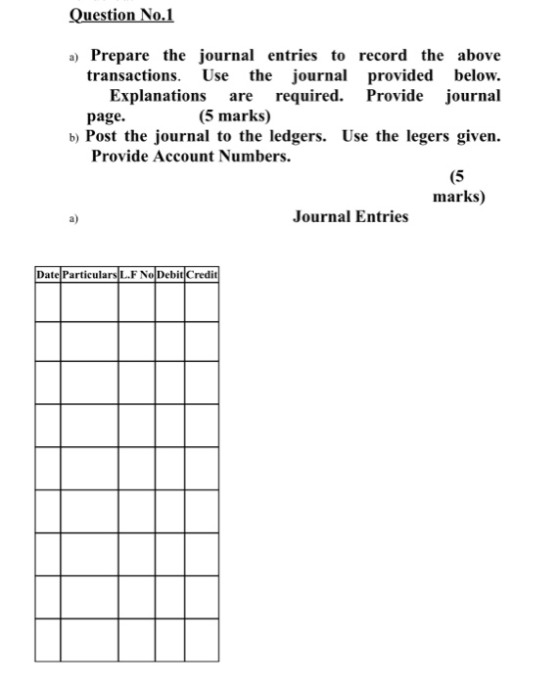 Question No.1 a) Prepare the journal entries to record the above transactions. Use the journal provided below. Explanations a