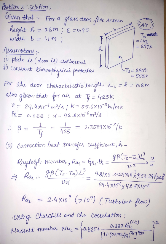 ZAIN b- se Problem 3 : Solution ; Given that for a glass door fire screen height h = 0.8m ; &=0.95 To Width b = 1.1m ; = 24°C