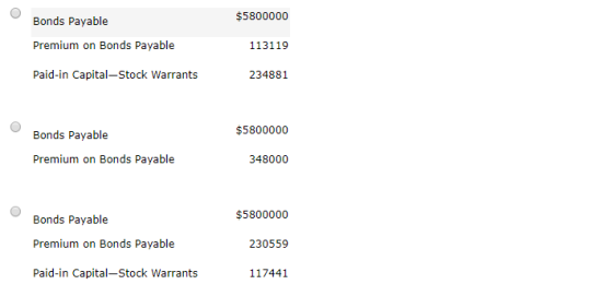 $5800000 Bonds Payable Premium on Bonds Payable 113119 Paid-in Capital-Stock Warrants 234881 $5800000 Bonds Payable Premium o