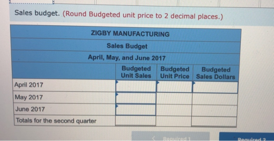 Sales budget. (Round Budgeted unit price to 2 decimal places.) ZIGBY MANUFACTURING Sales Budget April, May, and June 2017 Bud