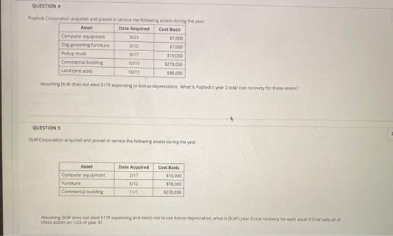 QUESTION 4 Poplock Corporation acquired and placed in service the following assets during the year Asset Date Acquired Cost B