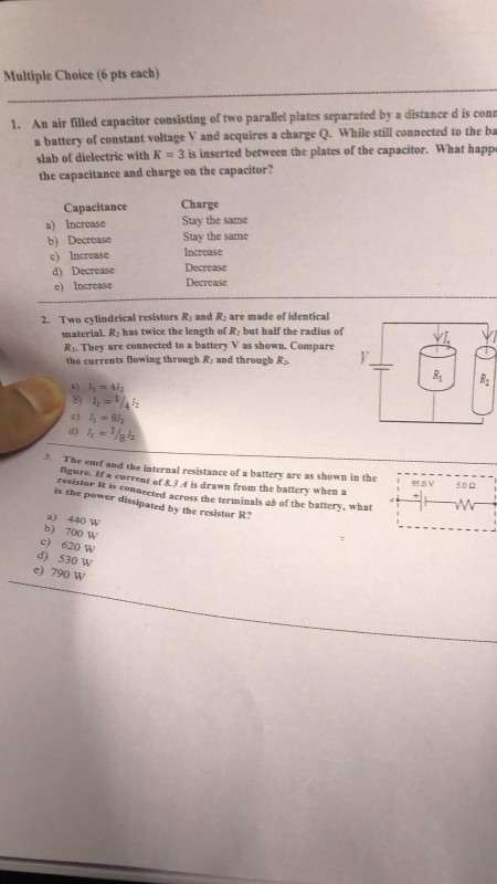 Multiple Choice (6 pts each) 1. An air filled capacitor consisting of two parallel plates separated by a distance d is cons b