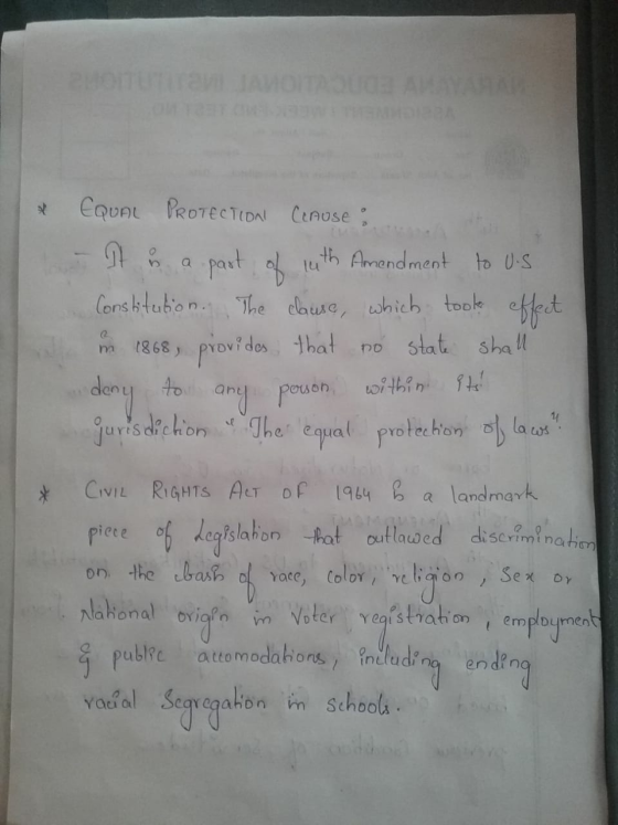 # EQUAL PROTECTION Cenuse... - It is a part of nuth Amendment to U.S. Constitution. The clause, which took effect n 1868, pro