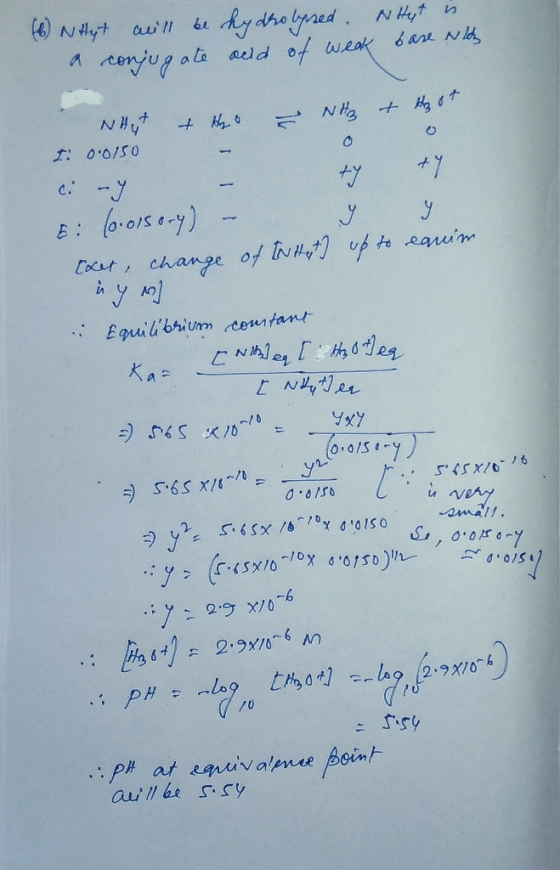 (6) Nyt will be hydrolysed. N. Hut in a conjugate seid of weak bare in & Ho - Nyt NH3 + Hoot I: 0.0750 - ty 7 ci -Y E: 10.0ls