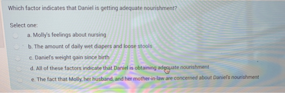 Which factor indicates that Daniel is getting adequate nourishment? Select one: a. Mollys feelings about nursing b. The amou
