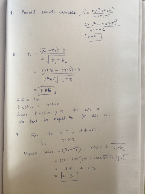 Poolad vapi n+n2-2. 2. 6+9 2 n 2, (2T.3 23 S2 6 =11-85 d-f = 13 p value = 01678 att c-T d, f 13. g. For 99% 3.012 3.8+2.99 = 16,13