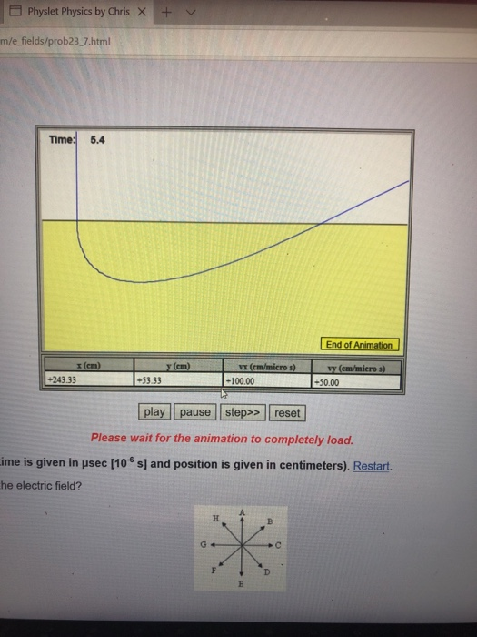 Physlet Physics by Chris × + v m/e fields/prob23.7.html Time: 5.4 End of Animation x (cm) s) +243.33 53.33 +100.00 50.00 use step>> reset Please wait for the animation to completely load ime is given in μsec [10-6 sl and position is given in centimeters) Restart. he electric field? A.