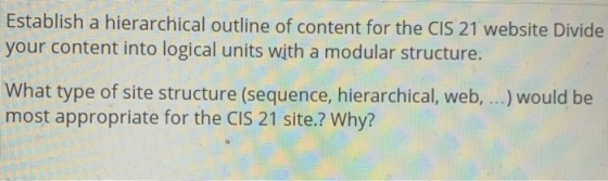 Establish a hierarchical outline of content for the CIS 21 website Divide your content into logical units with a modular stru
