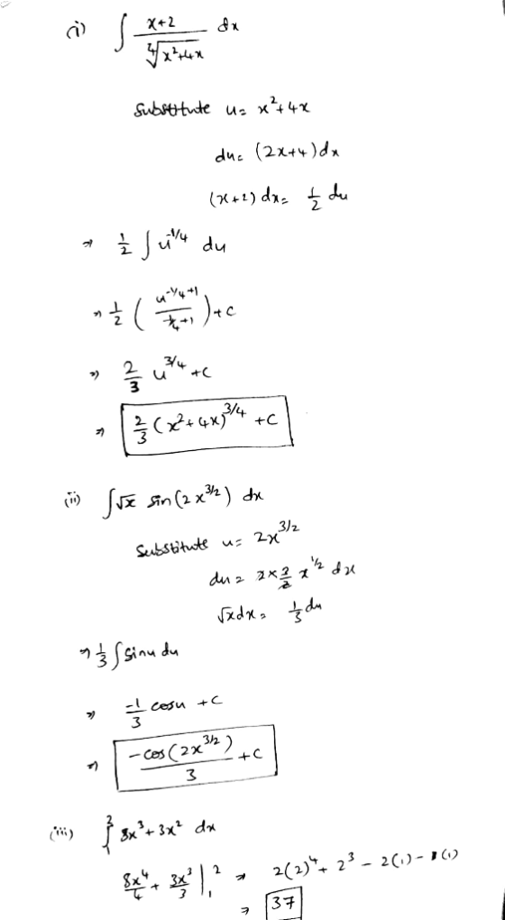 s x+2 substitute uz x²+4* due (2x+4) dx (x+2) dx- £d Ź July du -Yy1 » t Jac ) win 3/4 ut+C +C 2 / 3 ( 82 + 4x34 2 da 6 Suse s