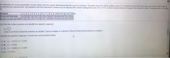 An instructor for a test preparation course claims that the course will improve the test scores of students. The table shows