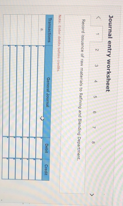 Journal entry worksheet < 1 2 3 4 5 6 7 8 Record issuance of raw materials to Refining and Blending Department. Note: Enter d