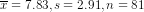 \overline{x}=7.83,s = 2.91,n=81