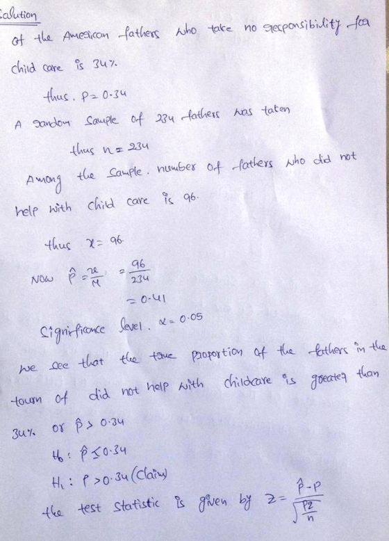 ution at-Le Aeacon-fathersんho take no eeceosibility-ka Child care 34 % relr with chid cae thus χ 96. G6 toum of did not help h childcare s ecie a 34% or 戸>0.34 tke test statistic s gRen by 2