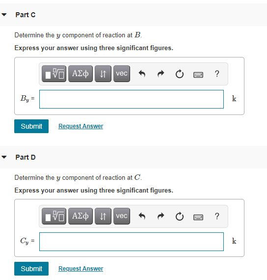 Part C Determine the y component of reaction at B. Express your answer using three significant figures. TO AEO11 vec PRI ? By