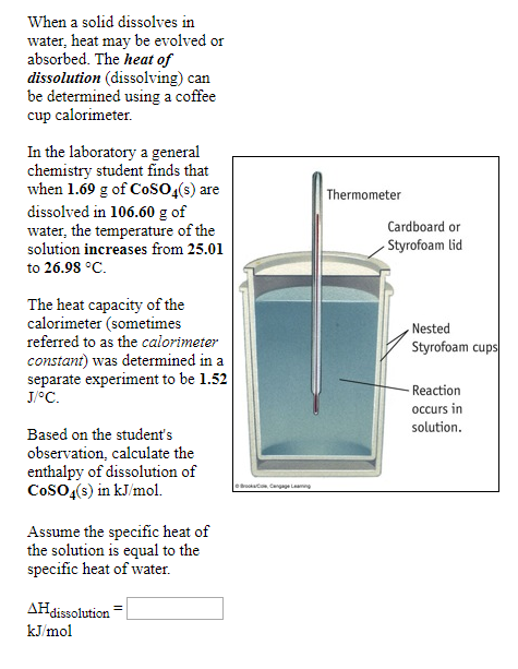 When a solid dissolves in water, heat may be evolved or absorbed. The heat of dissolution (dissolving) can be determined usin